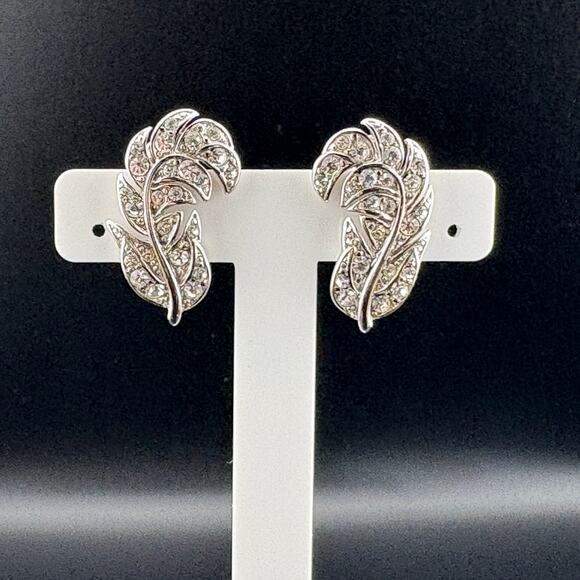 Signed Monet Vintage Silver Tone Rhinestone Feather Clip On Earrings 1-1/8" - Picture 2 of 3
